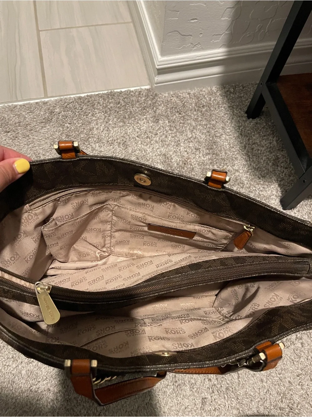 Michael Kors Dark Brown Signature Tote with Tan Leather and Gold Chain